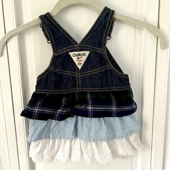 OshKosh B'Gosh Baby Girl 3 Tier Denim Flannel, Pinstripe, Eyelet Jumper Dress - Picture 2 of 3